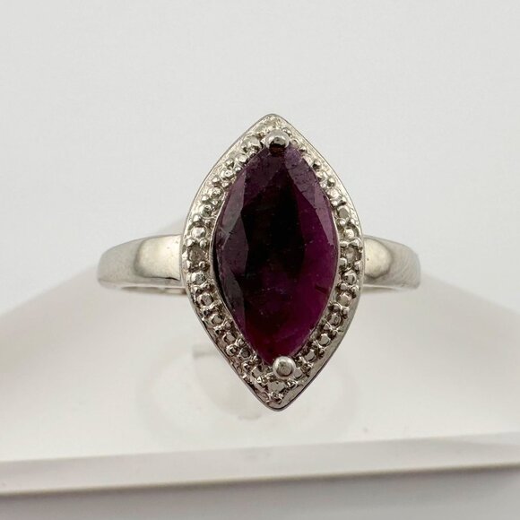 Marquise Cut Garnet & Diamond Ring - Sterling Silver - Size 8 - Picture 9 of 13